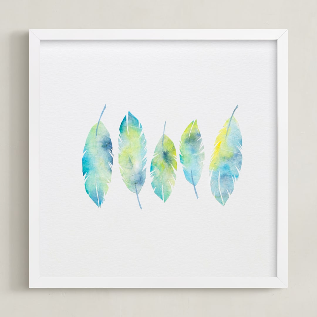 "Feathers Collage" - Art Print in Robin's Egg Blue by Mia Posada - Framed