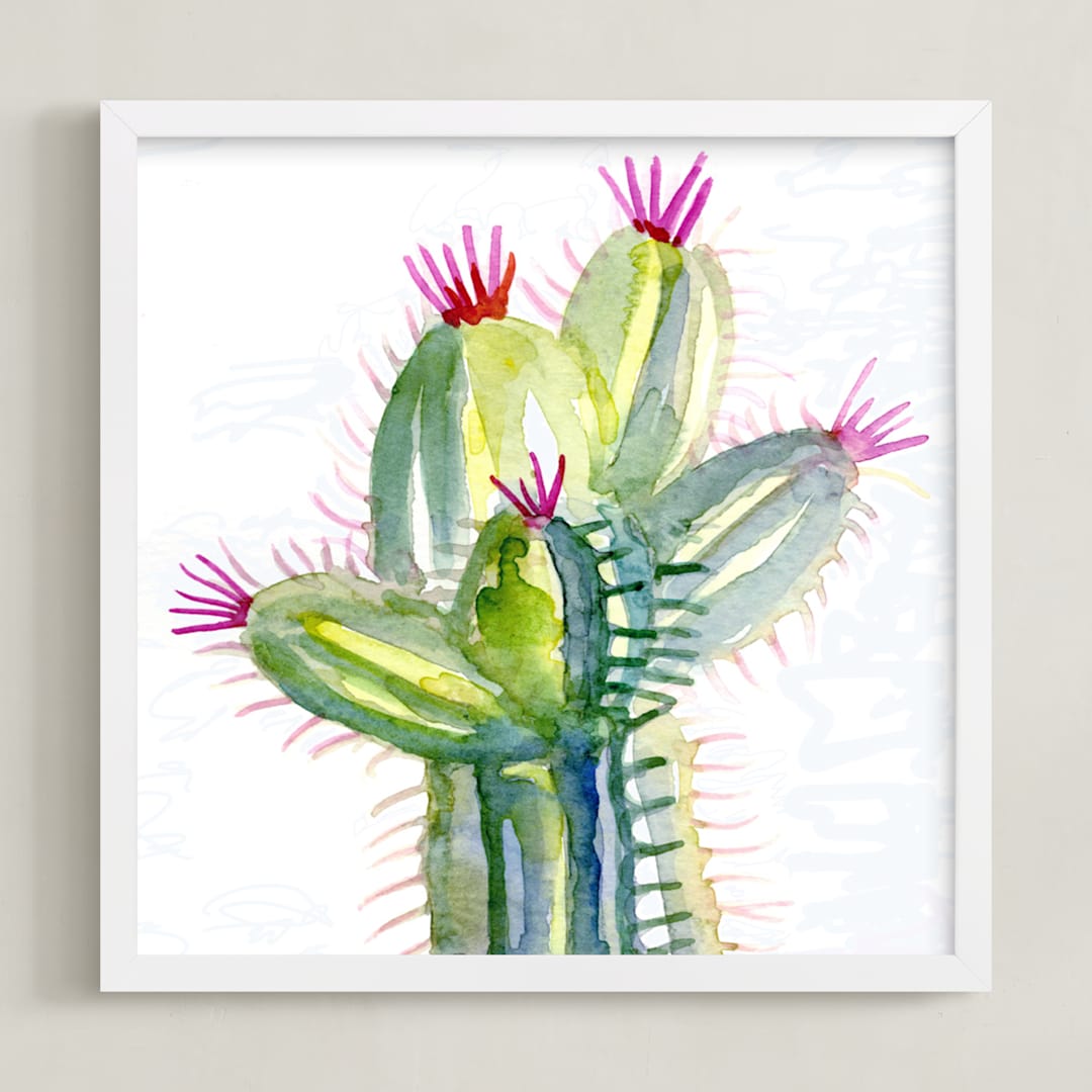 "Cactus Love Two" - Art Print in limey yellow by Amelia Gluba - Framed