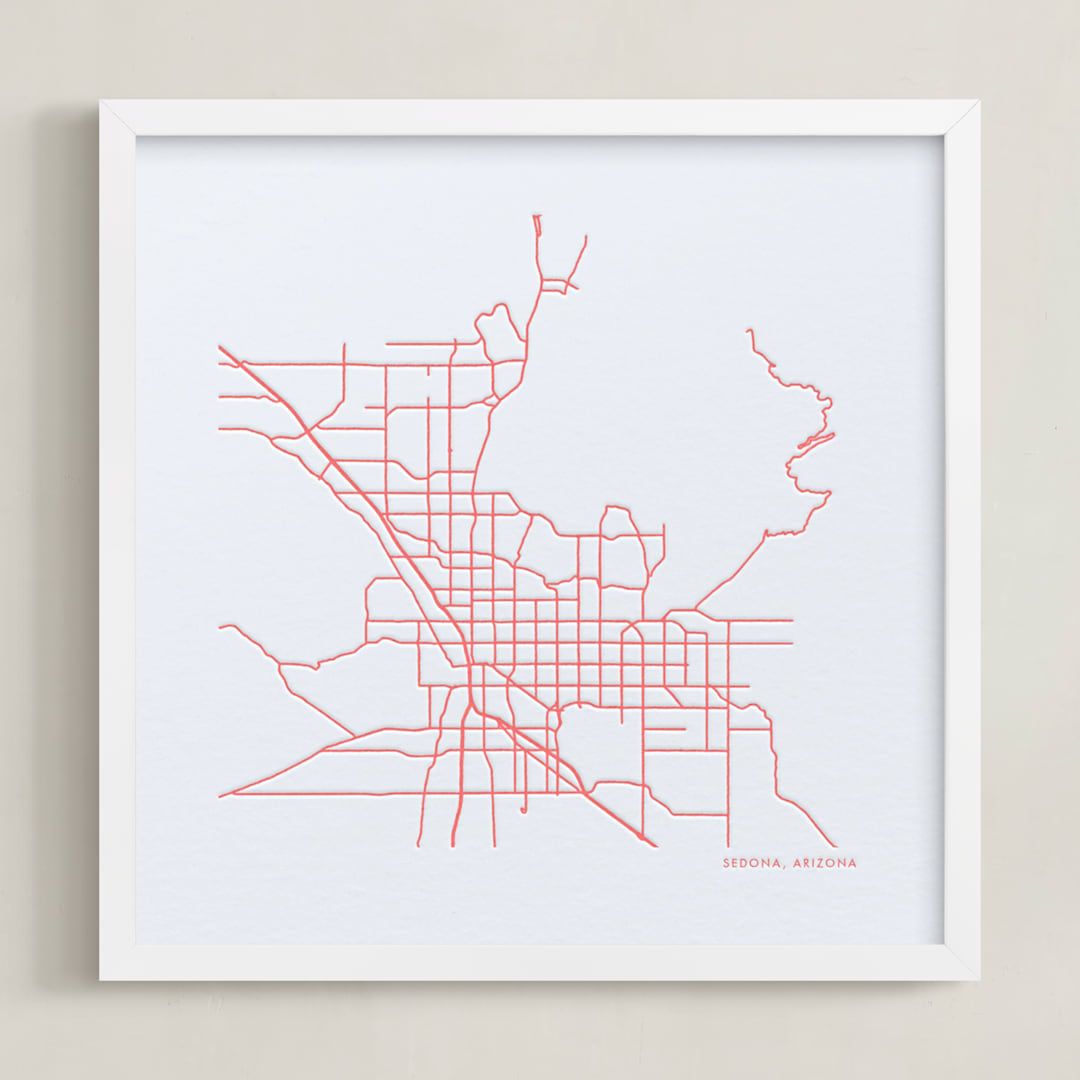 "Custom Map Letterpress Art" - Custom Letterpress Print in Neon Coral by Minted - Framed