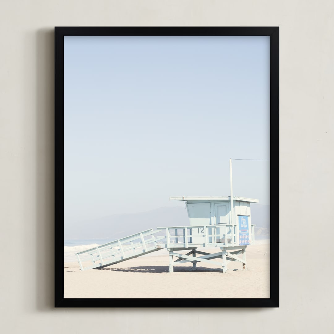"The Pastel Blue Lifeguard House" - Art Print in Pastel blue by Caroline Mint - Framed