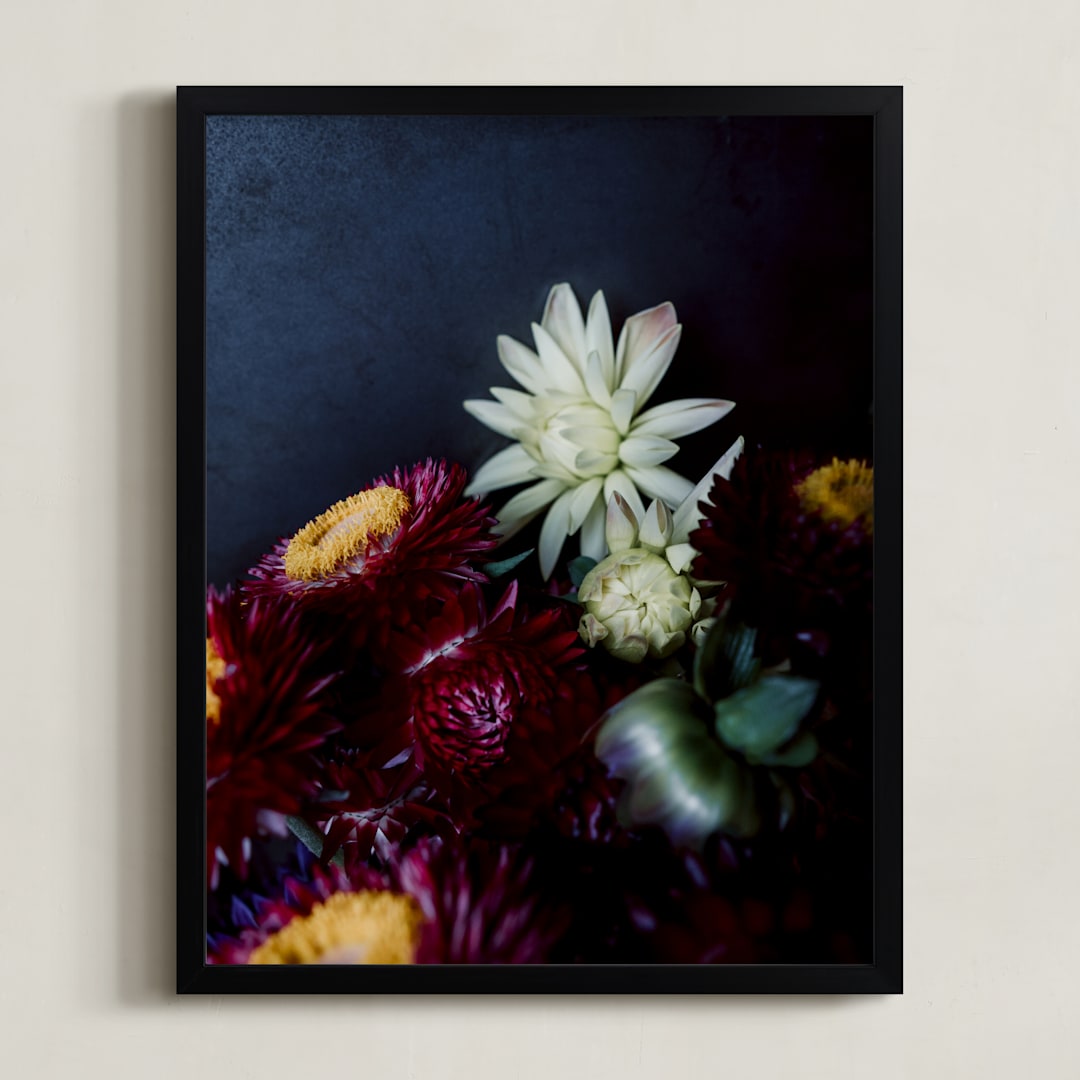"Dark Fall Flowers" - Art Print in dark denim by Katie Buckman - Framed