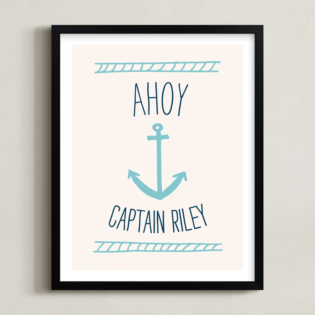 "Ahoy Matey" - Personalized Art Print in Light Aqua by Shari Margolin - Framed