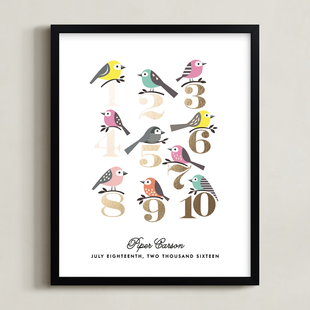 "Counting Birds" - Personalized Foil-Pressed Art Print in Gold by Karidy Walker - Framed