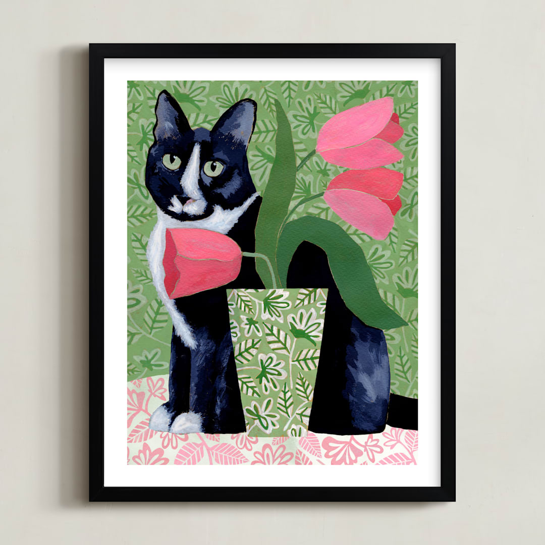 "Tuxedo Cat Barry with Pink Tulips" - Art Print in Dusty Green by Susan Black - Framed
