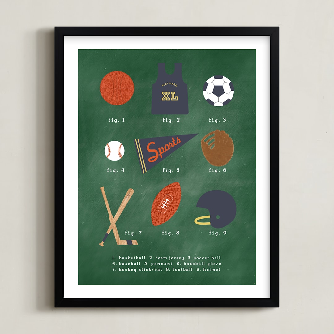 "SPORTS PRIMER" - Art Print in Chalkboard Green by Susan Brown - Framed