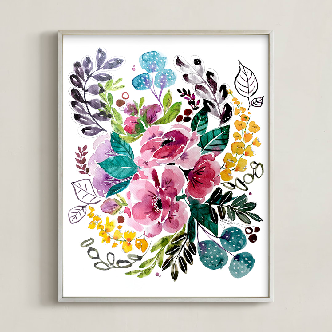 "Watercolor Botanicals2" - Art Print in pink peony by Stick and Petal - Framed