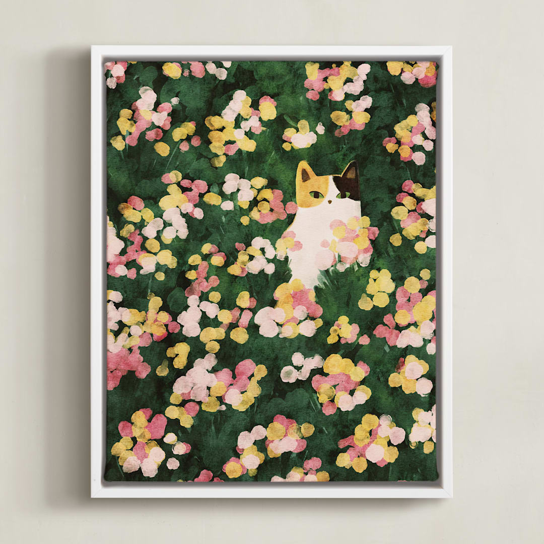 "Flower Meadow Cat" - Art Print in Daffodil Yellow by Sabrina Excene - Framed Canvas