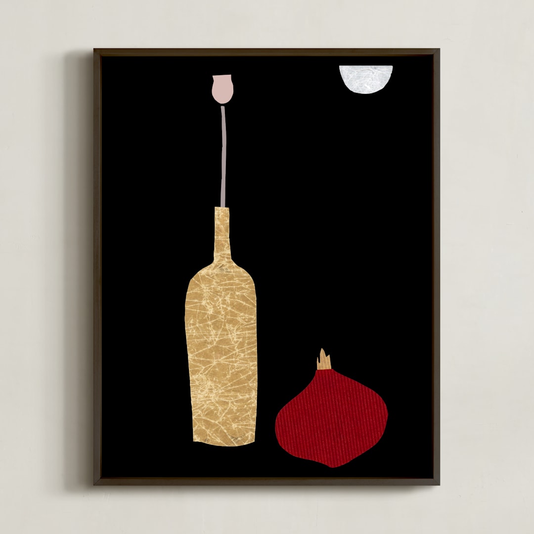 "Flower, onion, and a wine bottle" - Art Print in Red onion by Sonya Percival - Framed