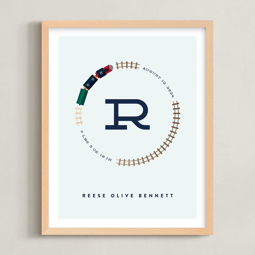 "Track Initial" - Personalized Foil-Pressed Art Print in Sky Blue by Erica Krystek - Framed