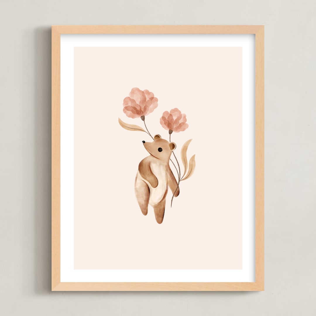 "Bear with Flowers" - Art Print in Tan by Vivian Yiwing - Framed