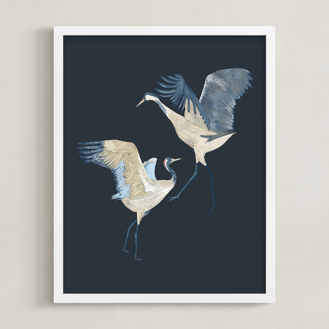 "Crane dance" - Art Print in Moody blue by Nina Leth - Framed