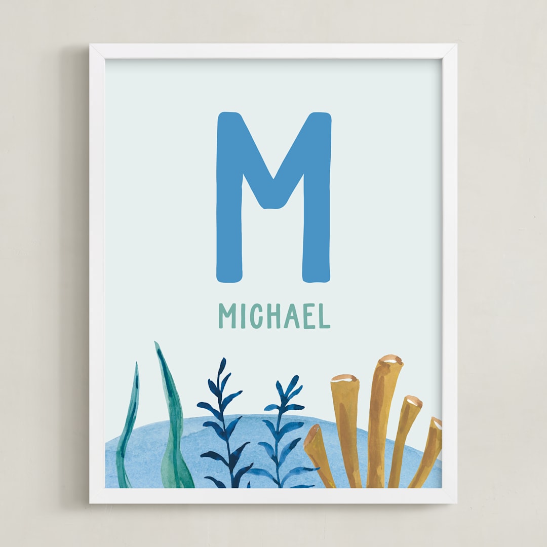 "Ocean Friends - Custom" - Personalized Art Print in Ocean Blue by Teju Reval - Framed