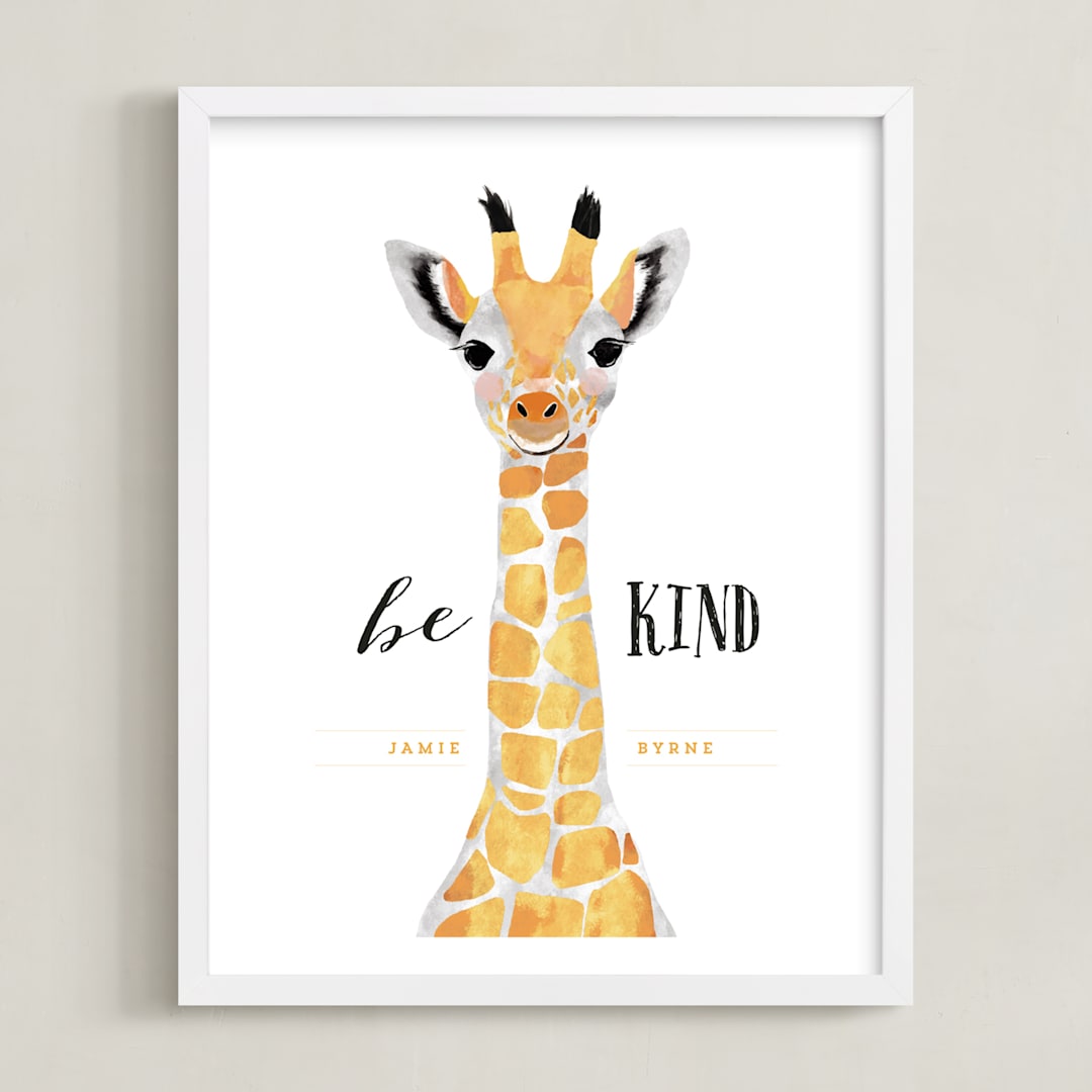 "baby animal.giraffe" - Personalized Art Print in tangerine by Cass Loh - Framed