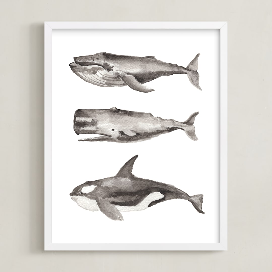 "Three Stacked Whales" - Art Print in Grey by Two if by Sea Studios - Framed