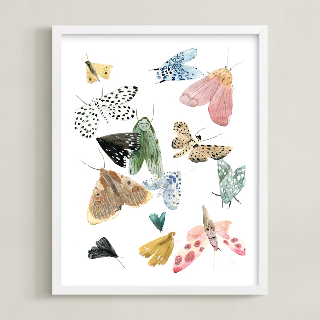 "Moths" - Art Print in Moss Green by Emilie Simpson - Framed