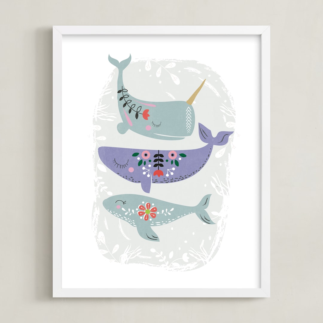 "Folk Whales" - Art Print in Mint by Hannah Williams - Framed