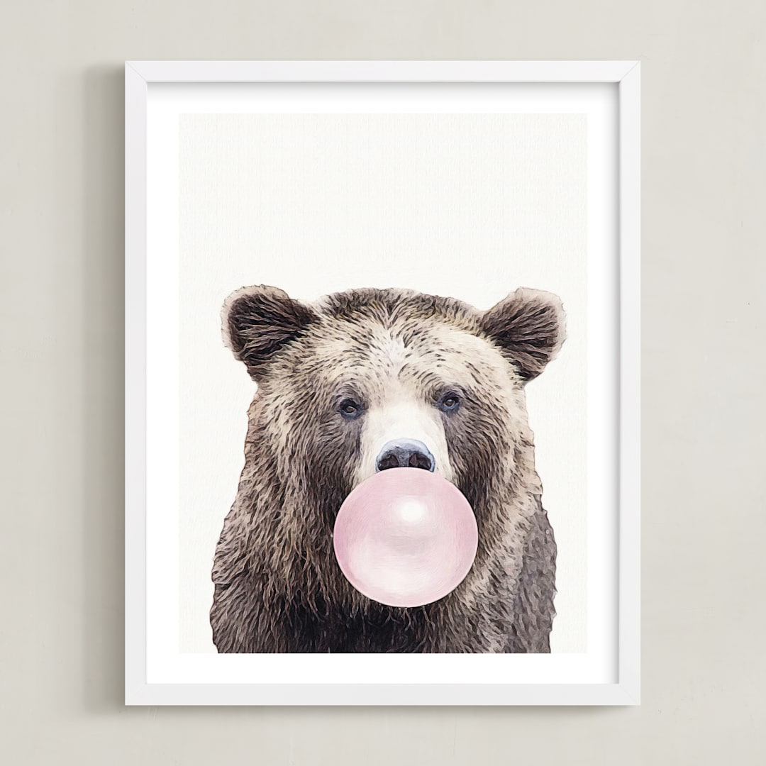 "Bubblegum: Bear" - Art Print in bubblegum pink by Maja Cunningham - Framed