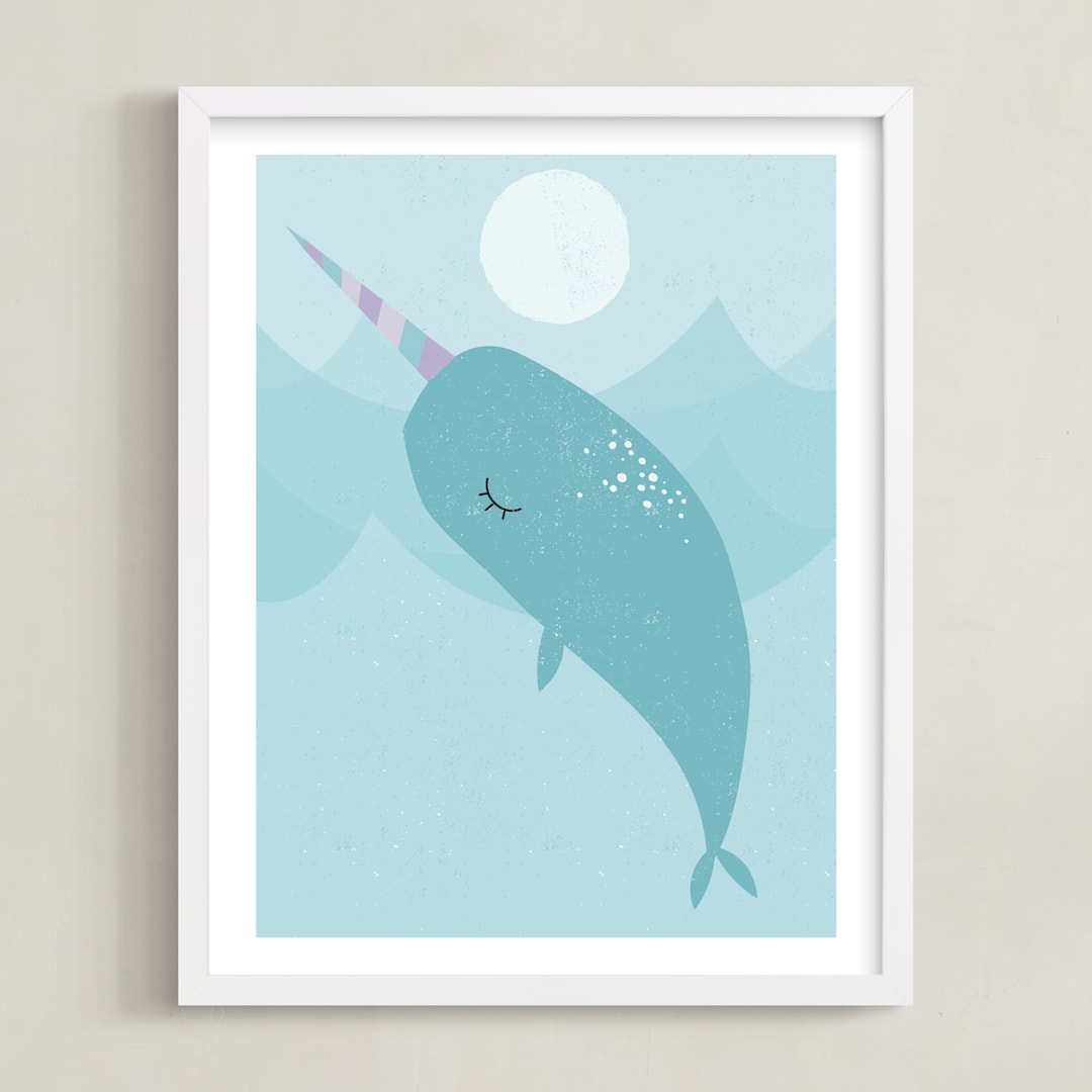 "narwhal dream" - Art Print in Ocean Blue by Angela Thompson - Framed