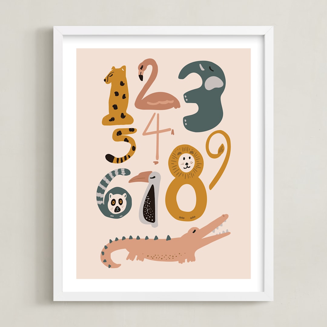 "Safari Friends Numerals" - Art Print in Flamingo by Jenna Holcomb - Framed