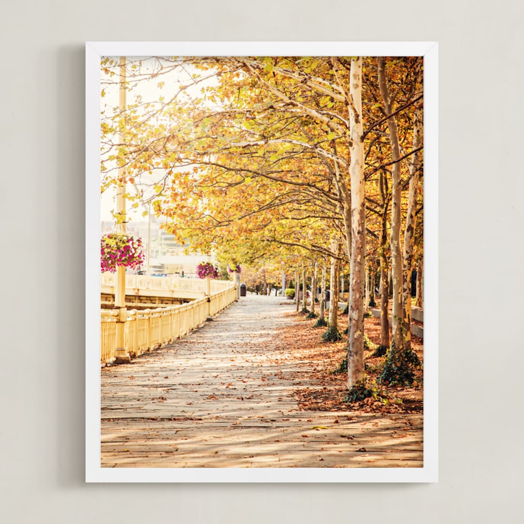 "Fall Tree-lined Street" - Art Print in Golden Glow by Erin Niehenke - Framed