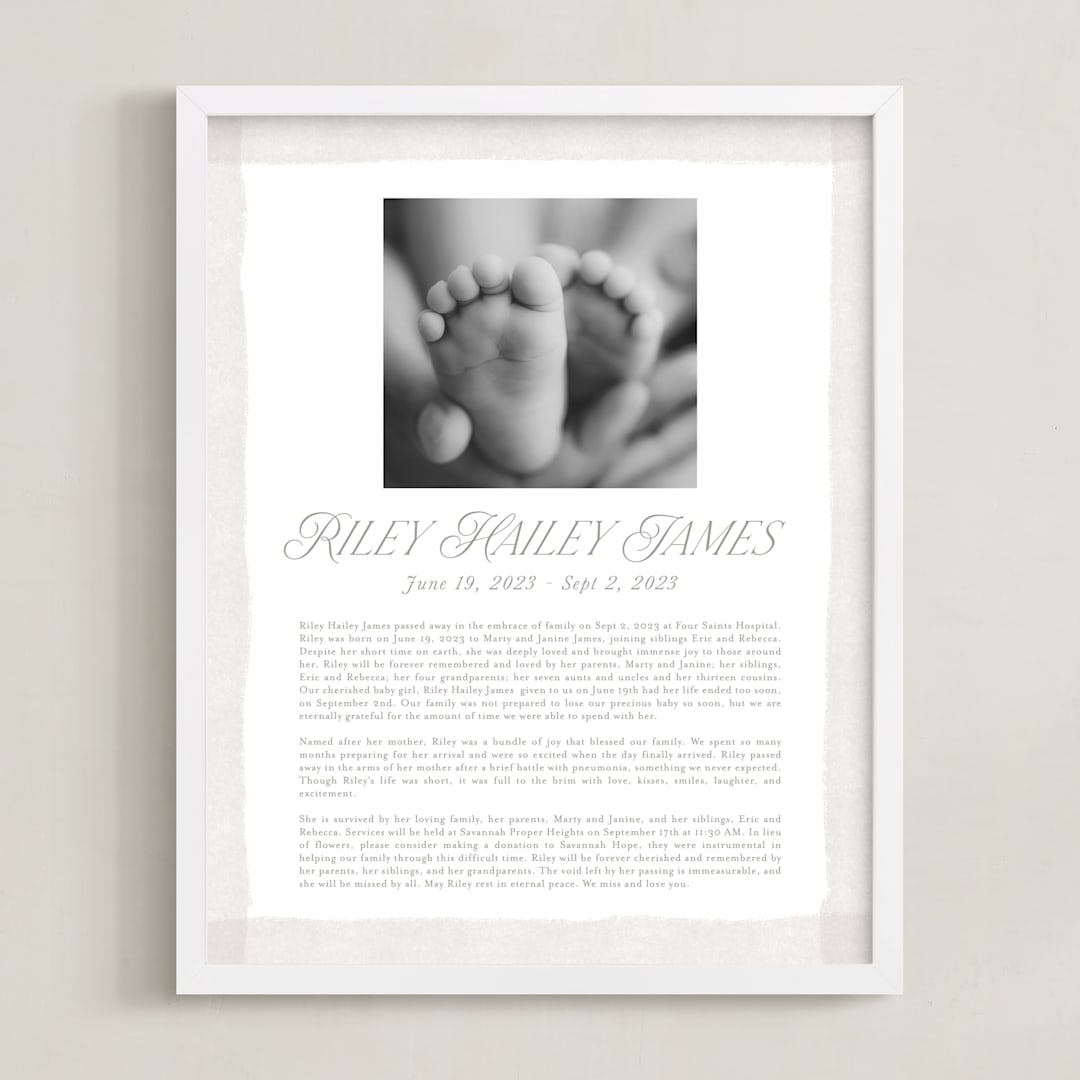 "Brush Stroke Obituary Print" - Custom Print in White by Jackie Crawford - Framed