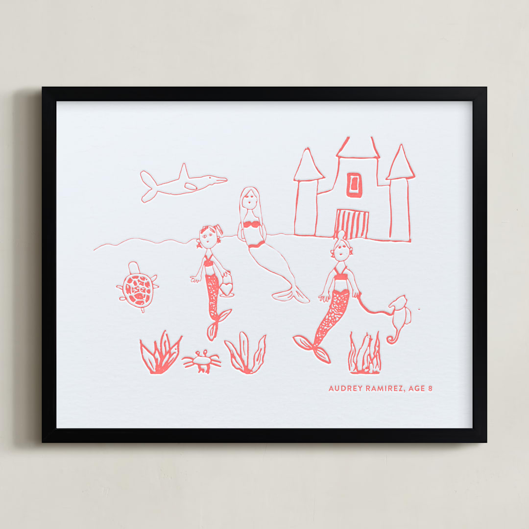 "Your Drawing as Letterpress Art Print" - Custom Letterpress Print in Neon Coral by Minted - Framed