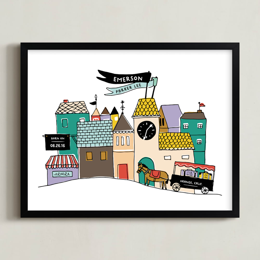 "Villagescape Stats" - Personalized Art Print in Storybook by Tanya Lee of Frooted Design - Framed