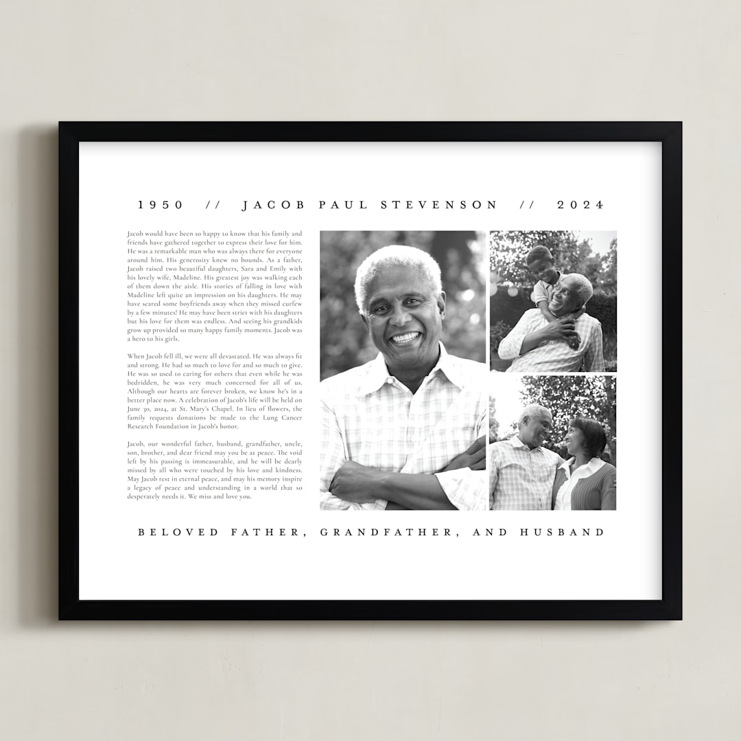 "Minimalist Obituary Print" - Custom Print in White by Jennifer Postorino - Framed