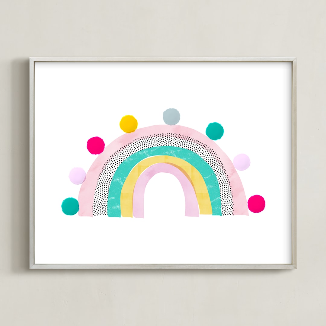 "Pom Pom Rainbow" - Art Print in Baby Pink by Emanuela Carratoni - Framed