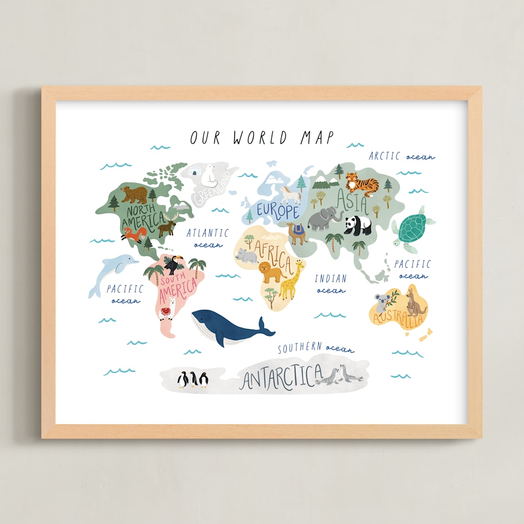 "Our World Map" - Art Print in Pastel Green by Elly - Framed