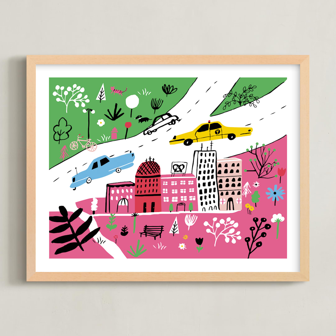 "City State of Mind" - Art Print in Flamingo Pink by Jordan Sondler - Framed