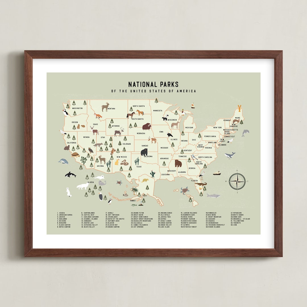"National Parks of USA" - Art Print in Adventure Green by Sherley Ferreira - Framed