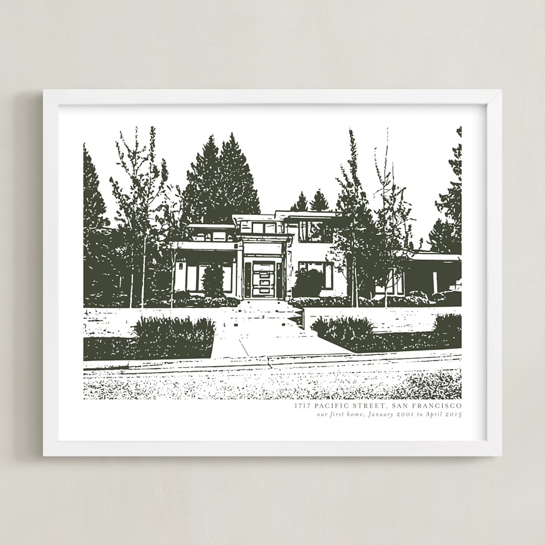 "Custom House Portrait with Text" - Custom Print in Olive Shadow by Minted - Framed