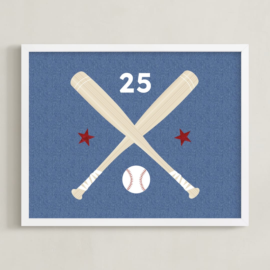 "Little Slugger Series 3" - Personalized Art Print in Denim by Pinky Diamond Studio - Framed