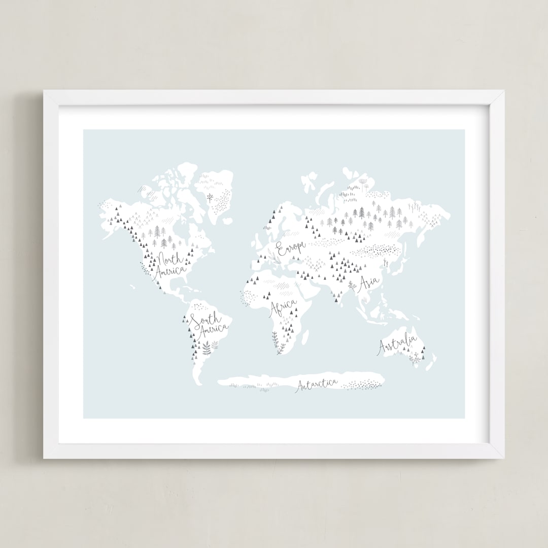 "Beautiful World Map" - Art Print in Soft Sky by Jessie Steury - Framed