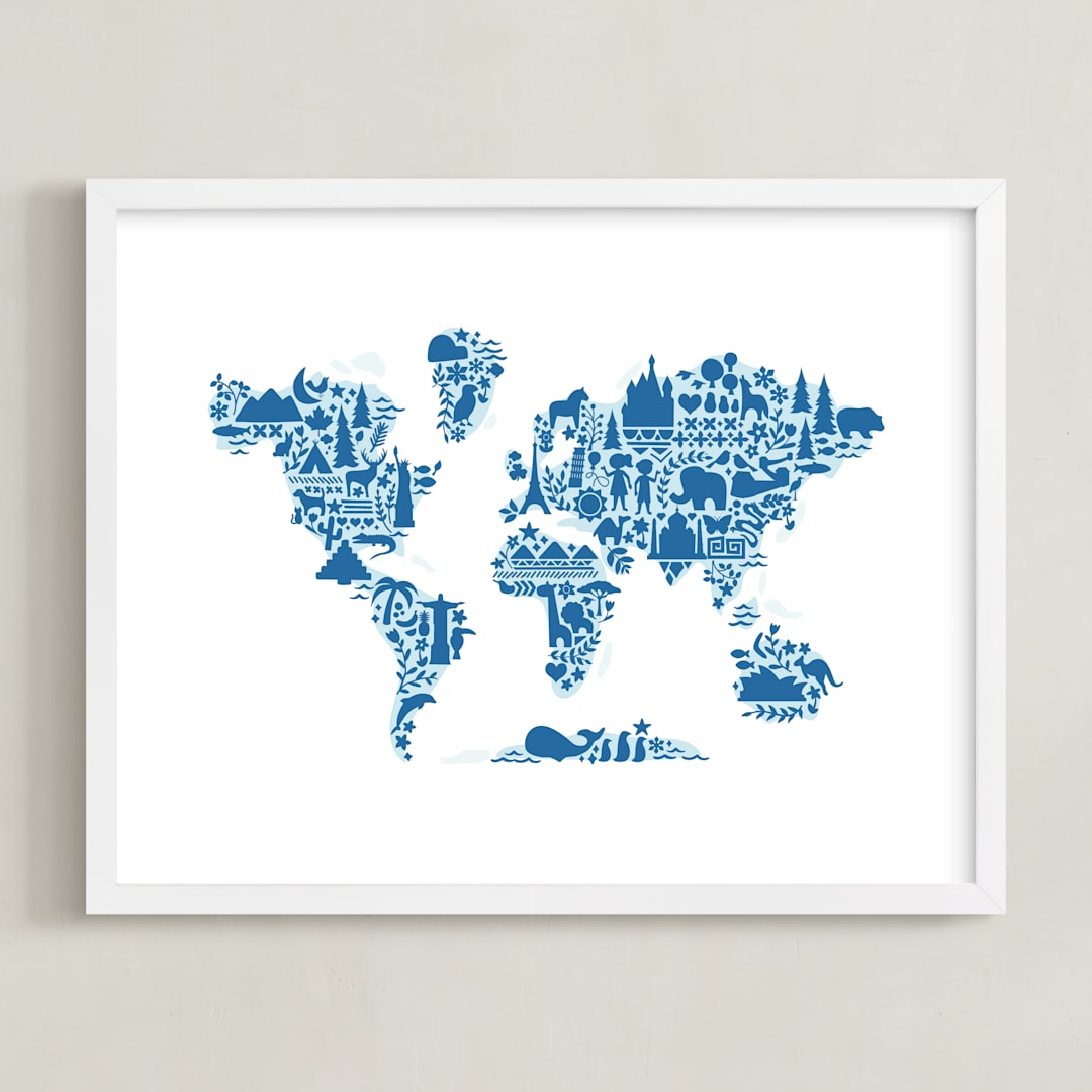 "Little Big World Map" - Art Print in Bluebell by Jessie Steury - Framed