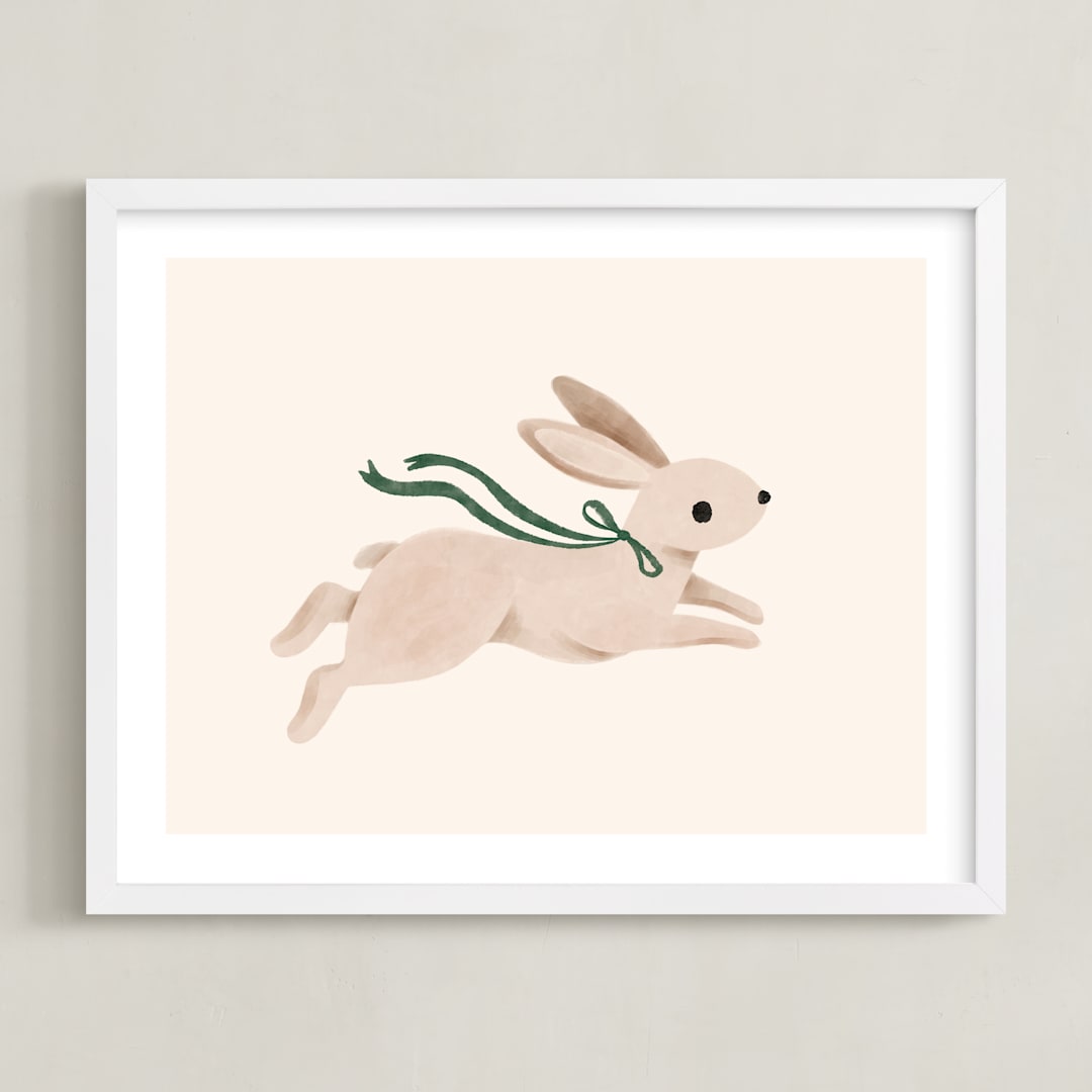 "Rabbit With Bow" - Art Print in Hunter Green by Vivian Yiwing - Framed