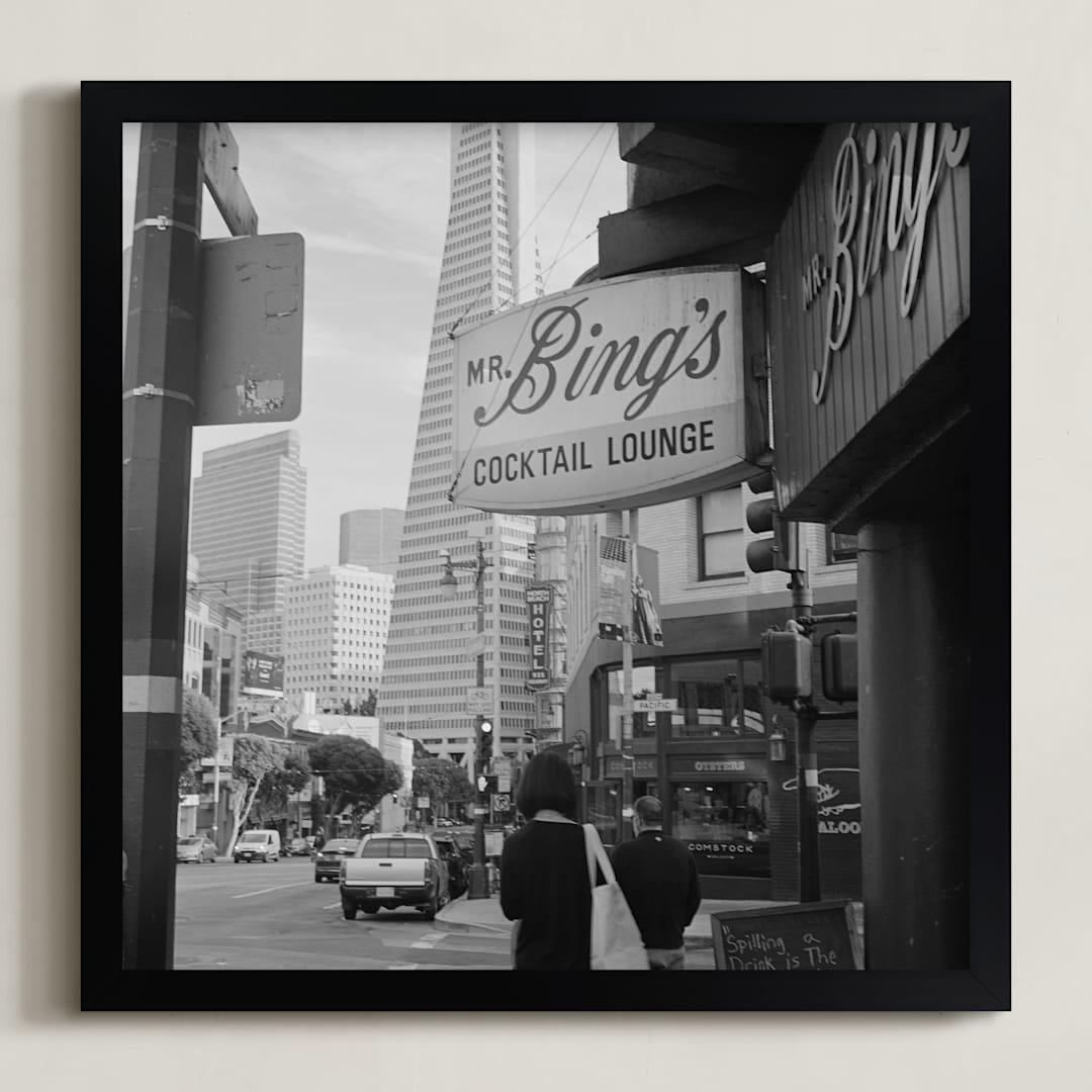 "Mr Bings Cocktail Lounge" - Art Print in Black by Austin Warnock - Framed
