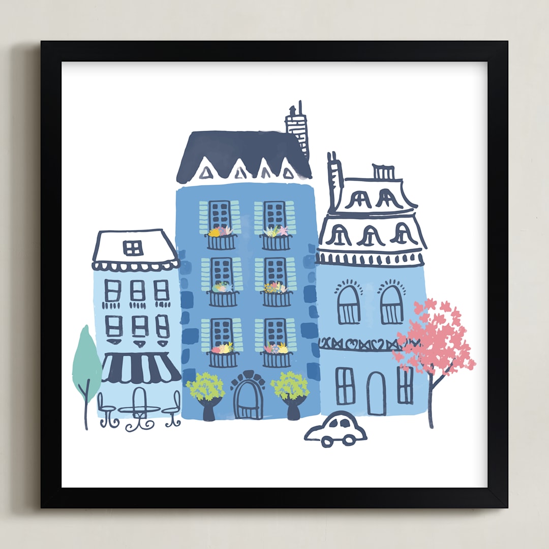 "Paris, J'adore" - Art Print in Parisian Blue by Ali Macdonald - Framed