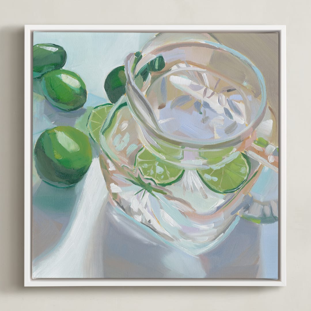 "Cut Glass and Limes" - Art Print in Lime Green by Jenny Westenhofer - Framed Canvas