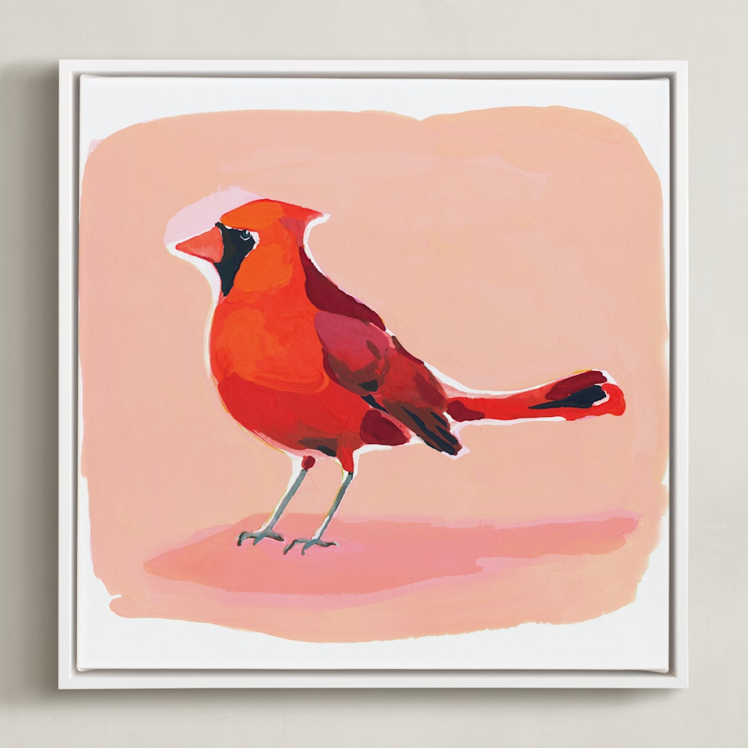 "Inquisitive Cardinal" - Art Print in Melon by Betty Hatchett - Framed Canvas