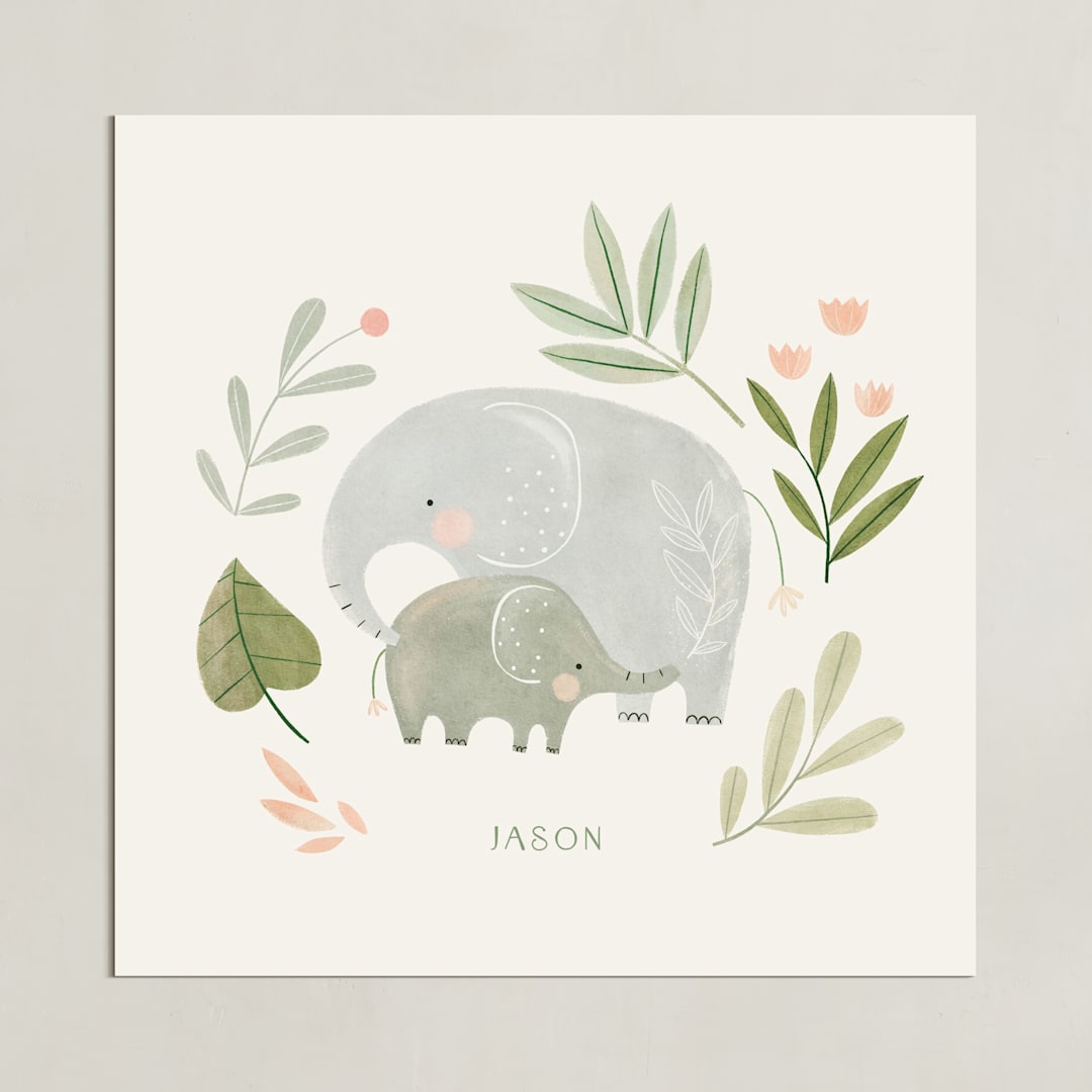 "Elephant duo" - Personalized Art Print in Soft Sage Green by Tati Abaurre - Unframed