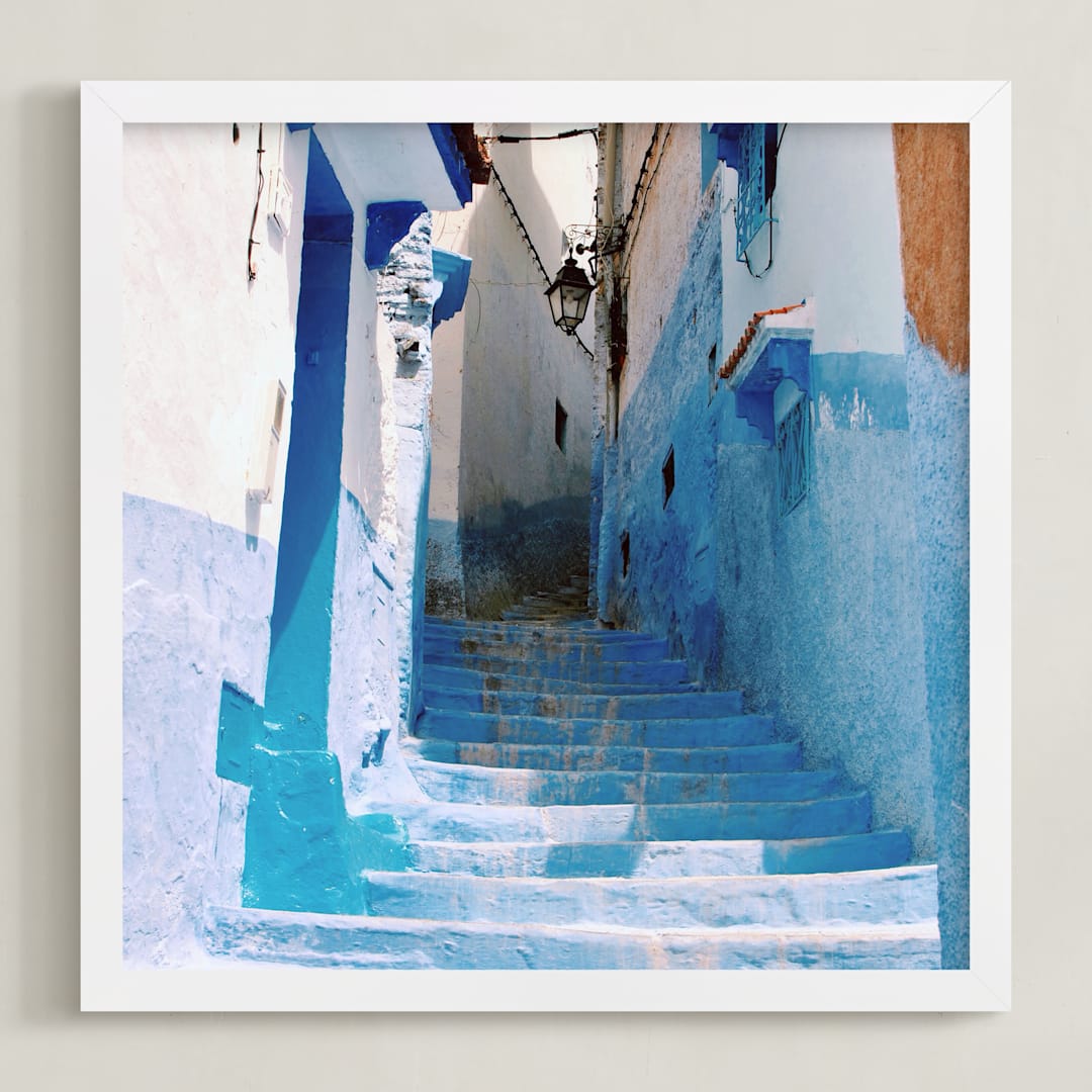 "Streets of Chefchaouen II" - Art Print in Chefchaouen Blue by Alannah Kittle - Framed
