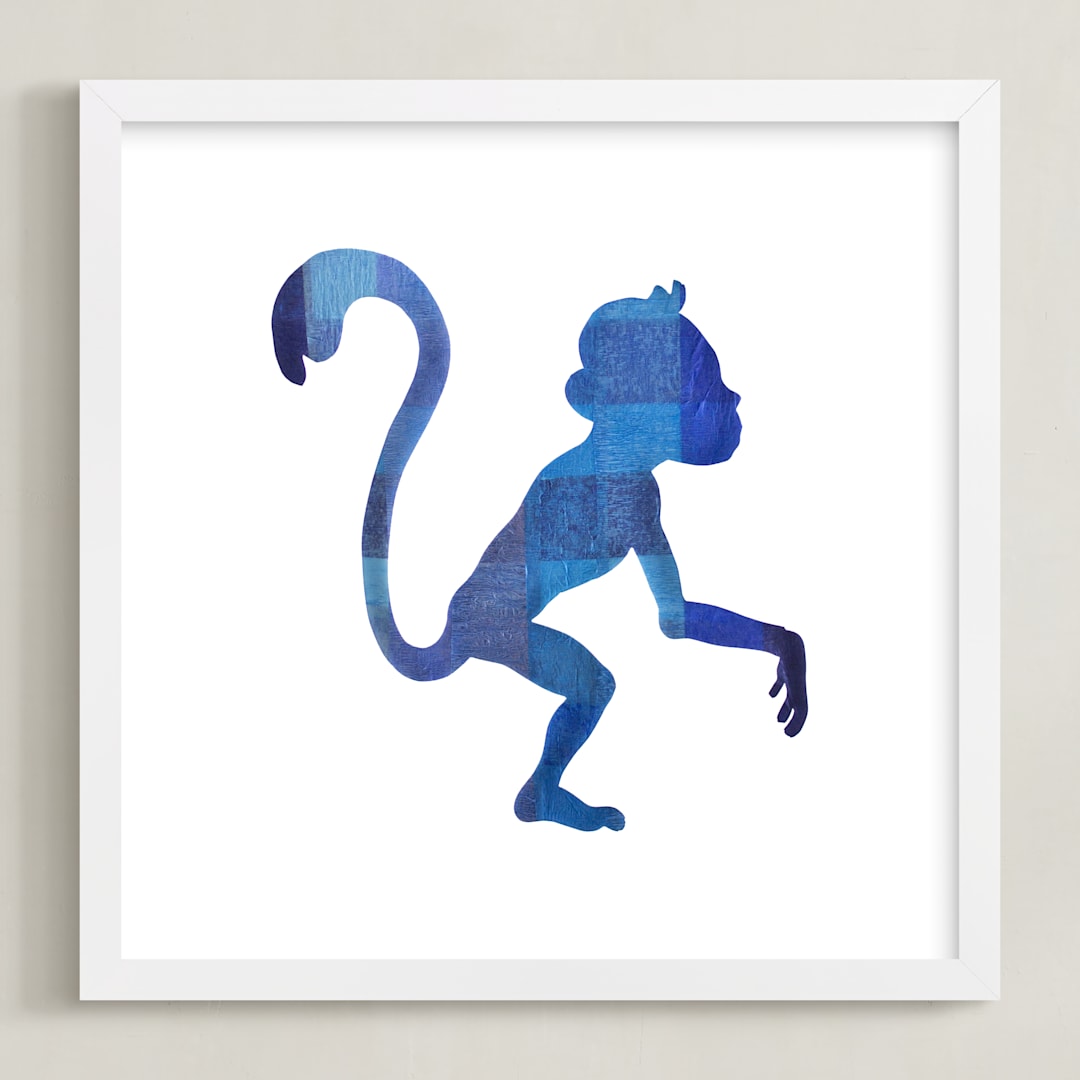 "Blue Party Monkey" - Art Print in Silhouette Blue by Jeff Preuss - Framed