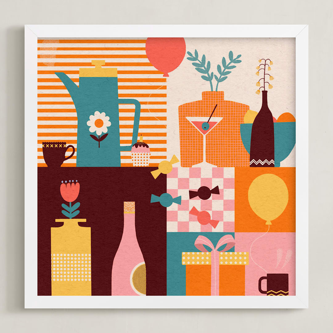 "Graphic Dinner Party " - Art Print in Punchy Orange by Lee-Anne Schmidt - Framed