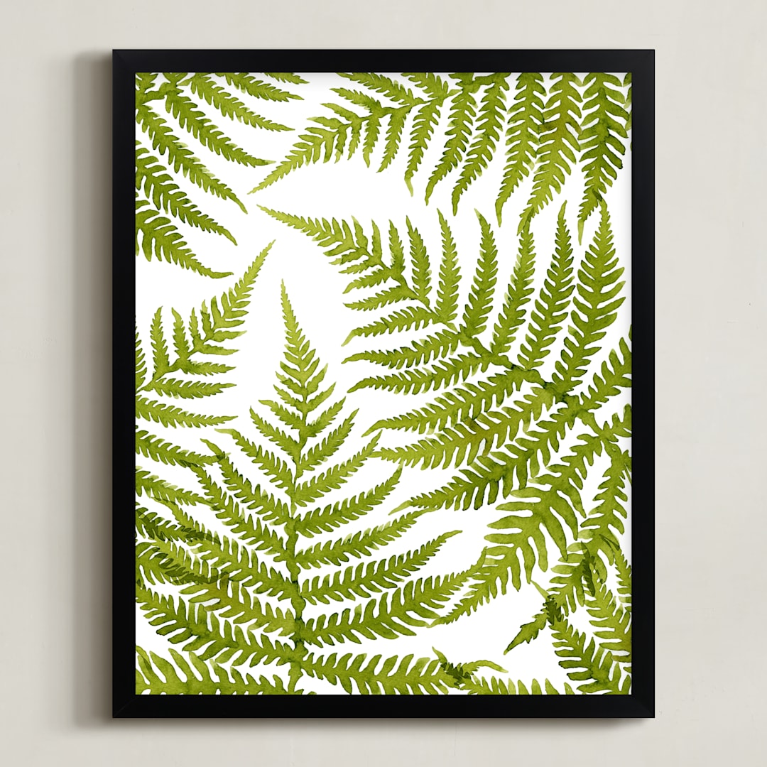 "Watercolor Fern Leaves" - Art Print in Grass Green by Helga Wigandt - Framed