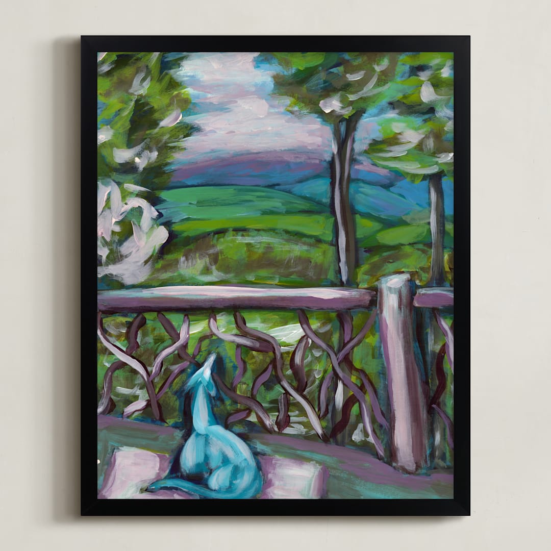 "Greyhound in the Smokies" - Art Print in Blues by Lauren Rutley - Framed
