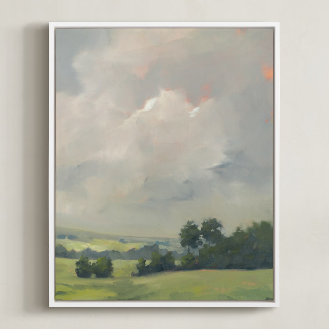 "Rosy Tomorrow II" - Art Print in Grey Blue by Stephanie Goos Johnson - Framed Canvas