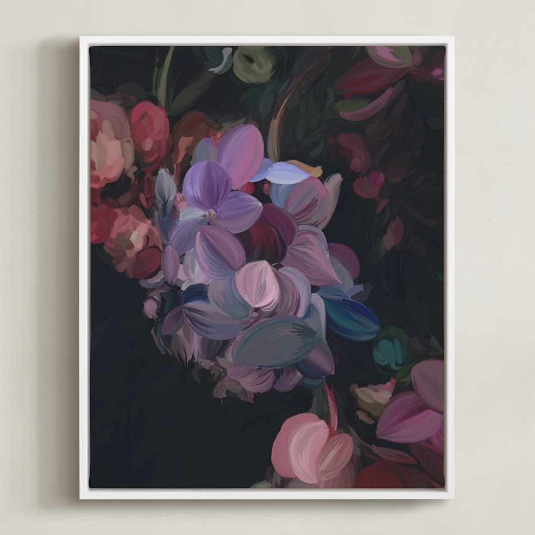 "Midnight Petals" - Art Print in Midnight Plum by Amy Hall - Framed Canvas