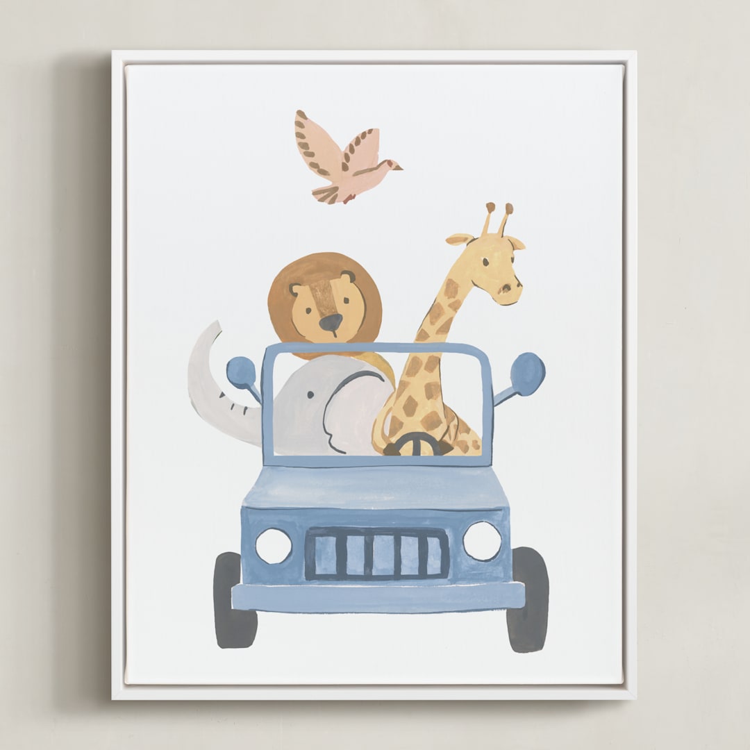 "Safari Friends 4" - Art Print in Blue by Teju Reval - Framed Canvas